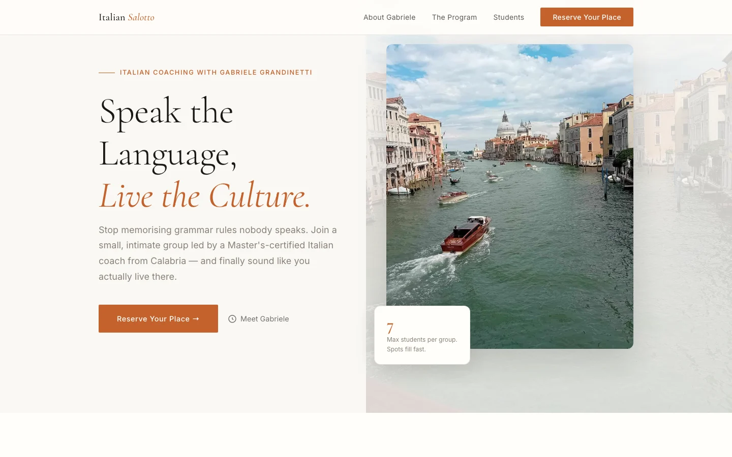 Italian Language Fluency Tour — homepage above the fold